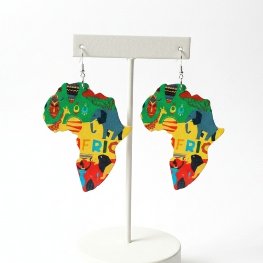 African Map Animal Wood Painted Tribal Earrings. Length 3.0 inches - Picture 4 of 12